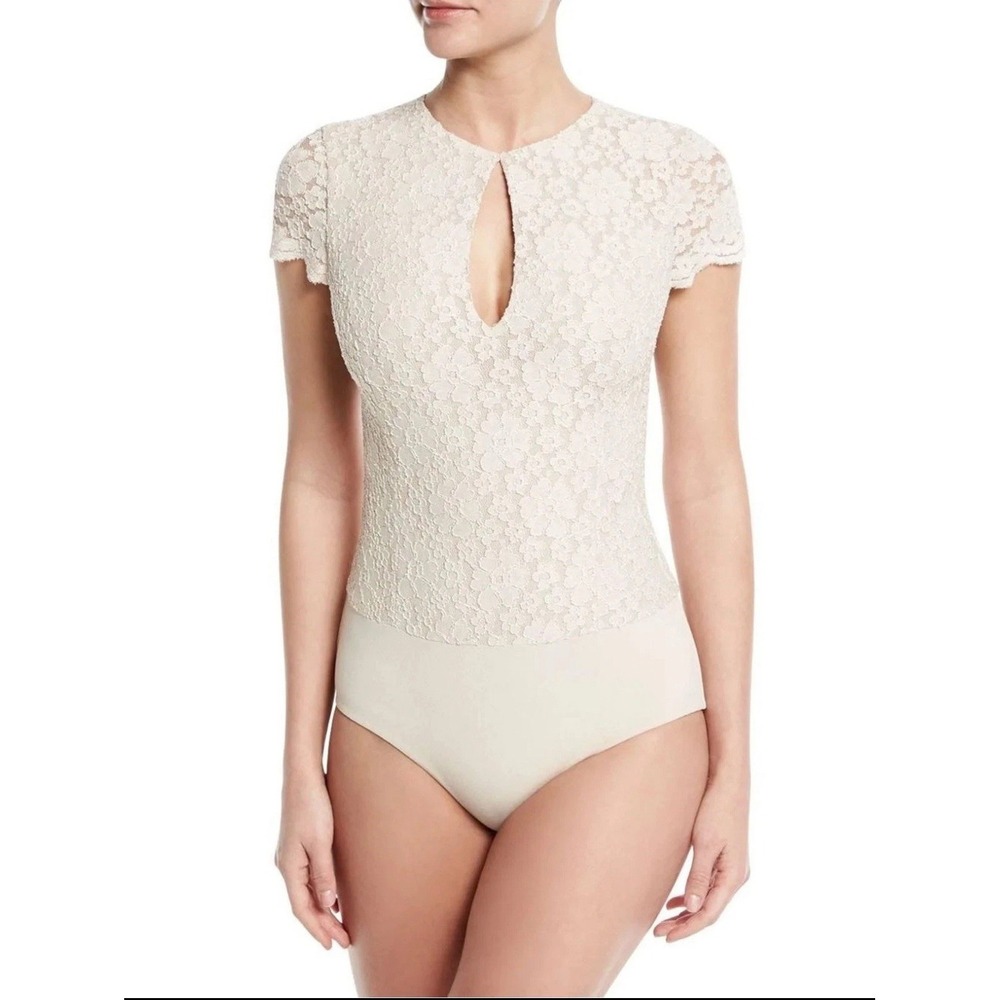 Alice + Olivia Marita Champagne Cap Sleeve Lace Bodysuit Size Large